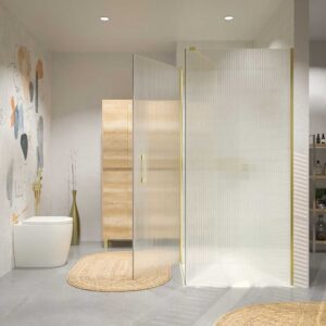 Mampara de ducha rectangular OPEN 2 fijos - 1 puerta abatible VIDRIO ACANALADO  a medida ORO MATE