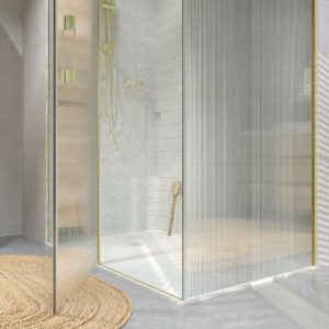 Mampara de ducha rectangular OPEN 2 fijos - 1 puerta abatible VIDRIO ACANALADO  a medida ORO MATE