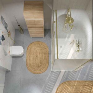Mampara de ducha rectangular OPEN 2 fijos - 1 puerta abatible VIDRIO ACANALADO  a medida ORO MATE