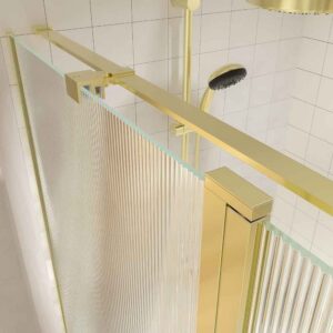 Mampara de ducha rectangular OPEN 2 fijos - 1 puerta abatible VIDRIO ACANALADO  a medida ORO MATE