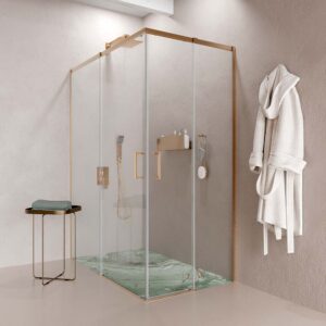 Mampara de ducha AXER rectangular 2 fijos - 2 puertas correderas vidrio 6 mm. ACERO INOXIDABLE acabado COBRE