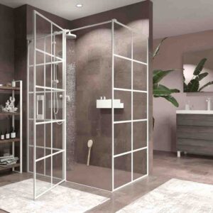 Mampara de ducha rectangular OPEN 2 fijos - 1 puerta abatible decorado industrial . BLANCO MATE