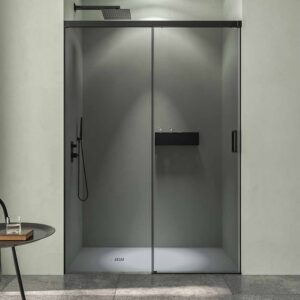 Mampara de ducha TECH STEEL frontal 1 fijo - 1 puerta corredera Parsol Gris - Acero Inoxidable NEGRO MATE