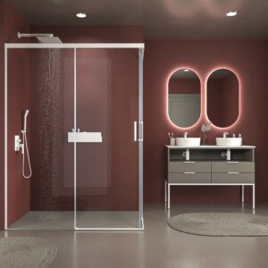 Mampara de ducha rectangular BASIC apertura angular 2 fijos-2 puertas correderas. Sin perfil inferior. Con tratamiento anti-cal.Acabado BLANCO MATE