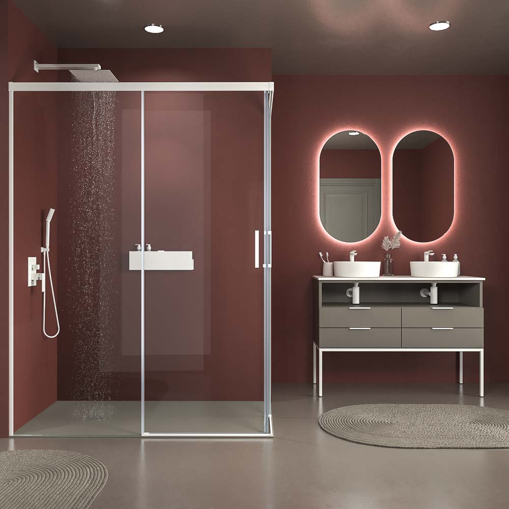 Mampara de ducha rectangular BASIC apertura angular 2 fijos-2 puertas correderas. Sin perfil inferior. Con tratamiento anti-cal.Acabado BLANCO MATE - Imagen 8
