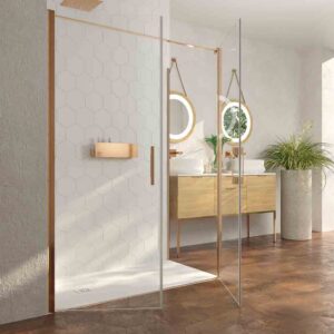 Mampara de ducha rectangular OPEN 1 fijo - 2 puertas abatible fabricada a medida. COBRE MATE