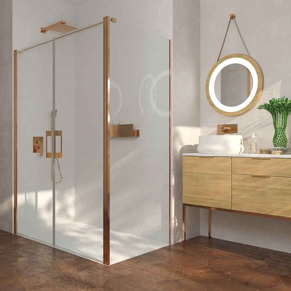 Mampara de ducha rectangular OPEN 1 fijo - 2 puertas abatible fabricada a medida. COBRE MATE