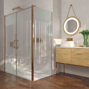 Mampara de ducha rectangular OPEN 1 fijo - 2 puertas abatible SERIGRAFIADA fabricada a medida. COBRE MATE
