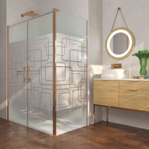 Mampara de ducha rectangular OPEN 1 fijo - 2 puertas abatible SERIGRAFIADA fabricada a medida. COBRE MATE