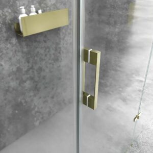 Mampara de ducha frontal SILEX  2 fijos - 1 puerta abatible fabricada a medida. Acabado ORO MATE