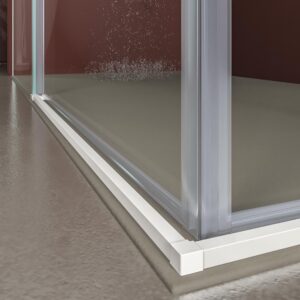 Mampara de ducha rectangular BASIC apertura angular 2 fijos-2 puertas correderas. Sin perfil inferior. Con tratamiento anti-cal.Acabado BLANCO MATE