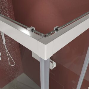 Mampara de ducha rectangular BASIC apertura angular 2 fijos-2 puertas correderas. Sin perfil inferior. Con tratamiento anti-cal.Acabado BLANCO MATE