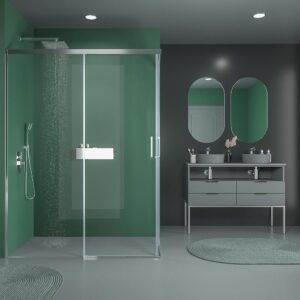 Mampara de ducha rectangular BASIC apertura angular 2 fijos-2 puertas correderas. Sin perfil inferior. Con tratamiento anti-cal.Acabado CROMO BRILLO