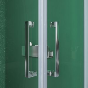 Mampara de ducha rectangular BASIC apertura angular 2 fijos-2 puertas correderas. Sin perfil inferior. Con tratamiento anti-cal.Acabado CROMO BRILLO