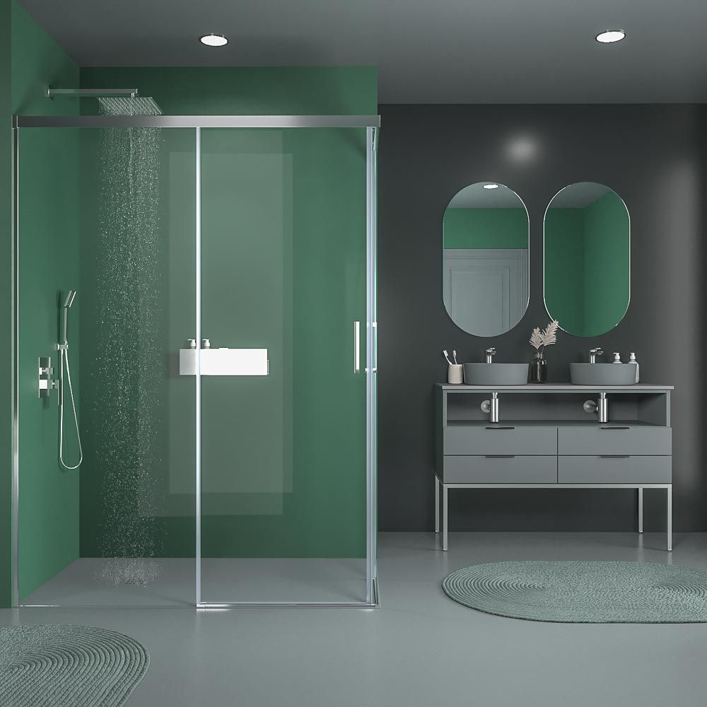Mampara de ducha rectangular BASIC apertura angular 2 fijos-2 puertas correderas. Sin perfil inferior. Con tratamiento anti-cal.Acabado CROMO BRILLO - Imagen 6