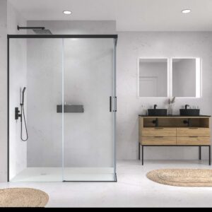 Mampara de ducha rectangular BASIC apertura angular 2 fijos-2 puertas correderas. Sin perfil inferior. Con tratamiento anti-cal.Acabado NEGRO MATE