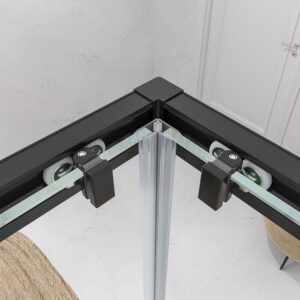 Mampara de ducha rectangular BASIC apertura angular 2 fijos-2 puertas correderas. Sin perfil inferior. Con tratamiento anti-cal.Acabado NEGRO MATE