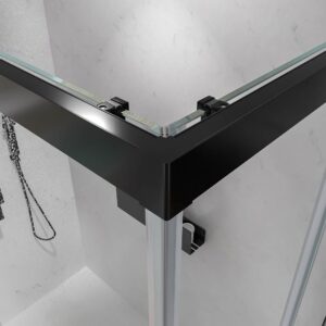Mampara de ducha rectangular BASIC apertura angular 2 fijos-2 puertas correderas. Sin perfil inferior. Con tratamiento anti-cal.Acabado NEGRO MATE