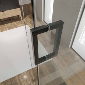 Mampara de ducha a techo TECH HIGH rectangular 1 fijo - 1 puerta corredera + 1 fijo vidrio 8 mm. ACERO INOXIDABLE acabado NEGRO MATE