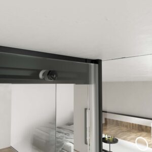 Mampara de ducha a techo TECH HIGH rectangular 1 fijo - 1 puerta corredera + 1 fijo vidrio 8 mm. ACERO INOXIDABLE acabado NEGRO MATE