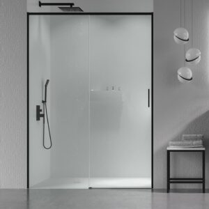 Mampara de ducha NEXO frontal 1 fijo - 1 puerta corredera perfil MINIMALISTA Negro mate