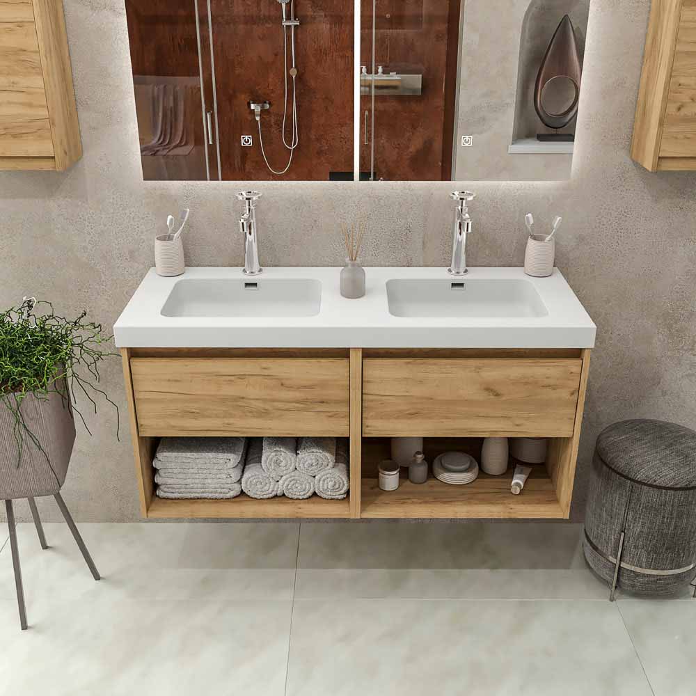 Mueble de baño suspendido 2 lavabos 4 cajones / 2 huecos 120 cm acabado ROBLE CLARO - Imagen 2