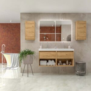 Mueble de baño suspendido 2 lavabos 4 cajones / 2 huecos 120 cm acabado ROBLE CLARO