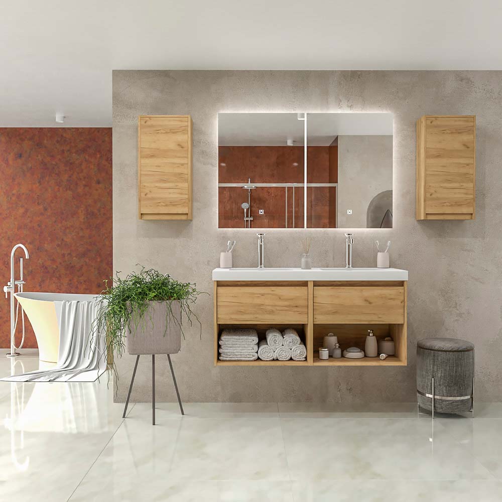 Mueble de baño suspendido 2 lavabos 4 cajones / 2 huecos 120 cm acabado ROBLE CLARO