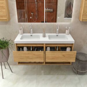 Mueble de baño suspendido 2 lavabos 4 cajones / 2 huecos 120 cm acabado ROBLE CLARO