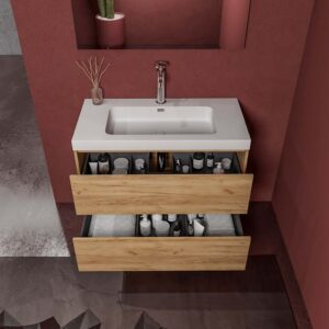 Mueble de baño suspendido 2 cajones CARMEN con lavabo resina acabado ROBLE CLARO