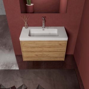 Mueble de baño suspendido 2 cajones CARMEN con lavabo resina acabado ROBLE CLARO