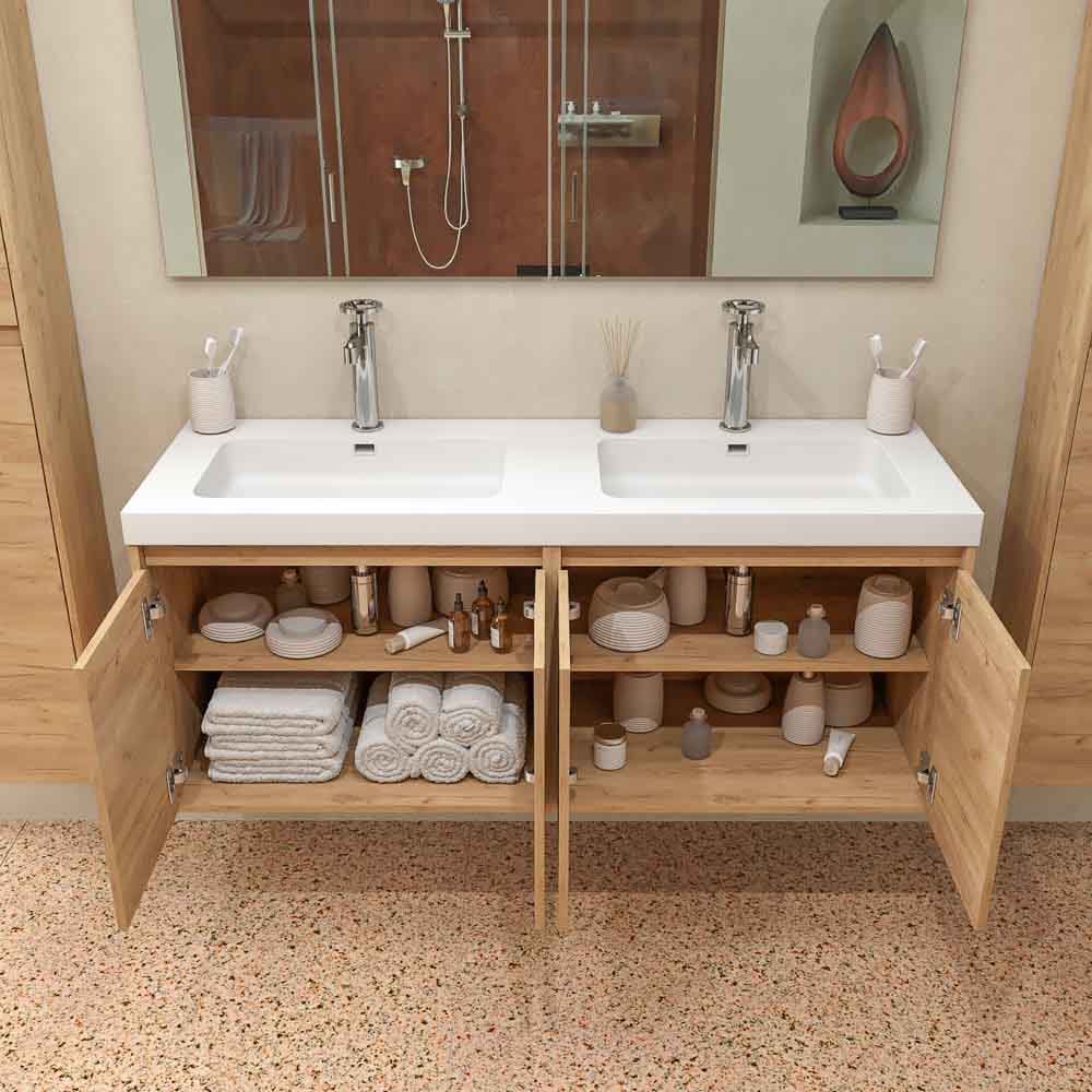 Mueble de baño CARMEN suspendido 2 lavabos - 4 puertas 120 cm acabado ROBLE CLARO - Imagen 4
