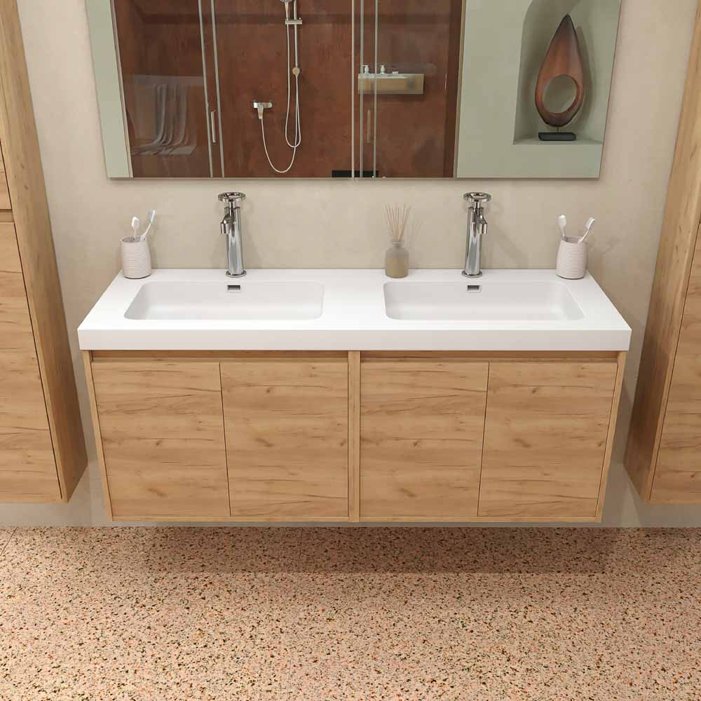 Mueble de baño CARMEN suspendido 2 lavabos - 4 puertas 120 cm acabado ROBLE CLARO - Imagen 3