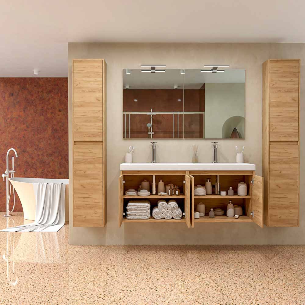 Mueble de baño CARMEN suspendido 2 lavabos - 4 puertas 120 cm acabado ROBLE CLARO - Imagen 2