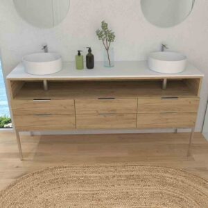 Mueble de baño ELLA con patas 6 cajones - 1 hueco con tapa SOLID SURFACE 2 lavabos ROBLE CLARO