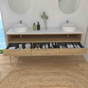 Mueble de baño ELLA con patas 6 cajones - 1 hueco con tapa SOLID SURFACE 2 lavabos ROBLE CLARO