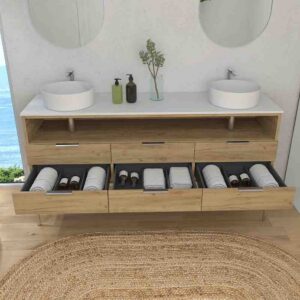 Mueble de baño ELLA con patas 6 cajones - 1 hueco con tapa SOLID SURFACE 2 lavabos ROBLE CLARO