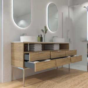Mueble de baño ELLA con patas 6 cajones - 1 hueco con tapa SOLID SURFACE 2 lavabos ROBLE CLARO