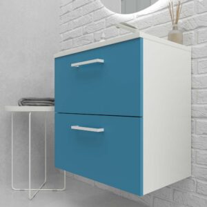 Mueble de baño suspendido NEXO 2 cajones fondo reducido 40 cm lacado mate con lavabo porcelana AZUL/BLANCO