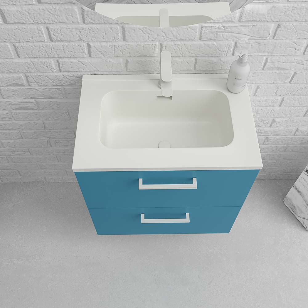 Mueble de baño suspendido NEXO 2 cajones fondo reducido 40 cm lacado mate con lavabo porcelana AZUL/BLANCO - Imagen 4