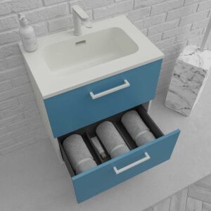 Mueble de baño suspendido NEXO 2 cajones fondo reducido 40 cm lacado mate con lavabo porcelana AZUL/BLANCO