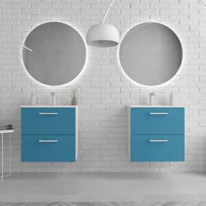 Mueble de baño suspendido NEXO 2 cajones fondo reducido 40 cm lacado mate con lavabo porcelana AZUL/BLANCO