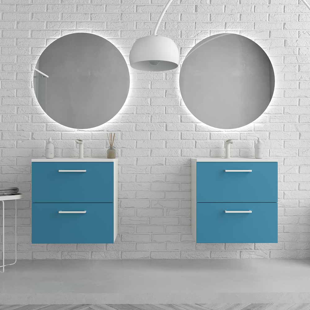 Mueble de baño suspendido NEXO 2 cajones fondo reducido 40 cm lacado mate con lavabo porcelana AZUL/BLANCO