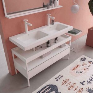 Mueble de baño INDEX estructura con patas 2 cajones lavabo suspendido 2 senos BLANCO-CROMO