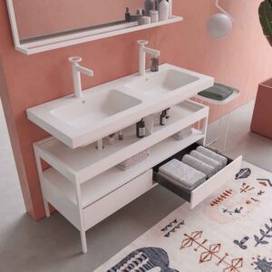Mueble de baño INDEX estructura con patas 2 cajones lavabo suspendido 2 senos BLANCO-CROMO