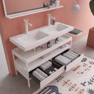 Mueble de baño INDEX estructura con patas 2 cajones lavabo suspendido 2 senos BLANCO-CROMO
