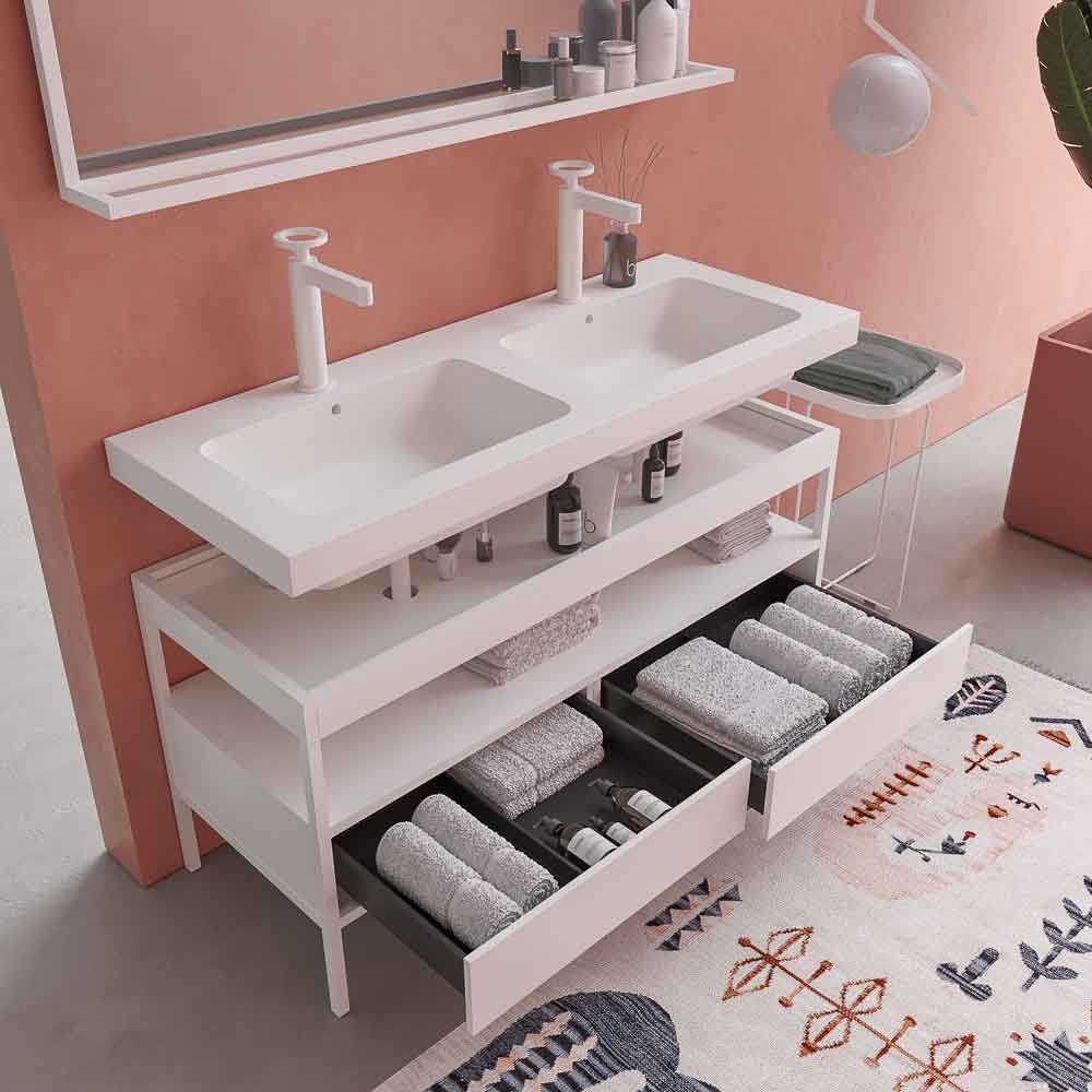 Mueble de baño INDEX estructura con patas 2 cajones lavabo suspendido 2 senos BLANCO-CROMO - Imagen 6
