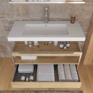 Mueble de baño INDEX estructura con patas 1 cajón lavabo suspendido ROBLE CLARO - CROMO