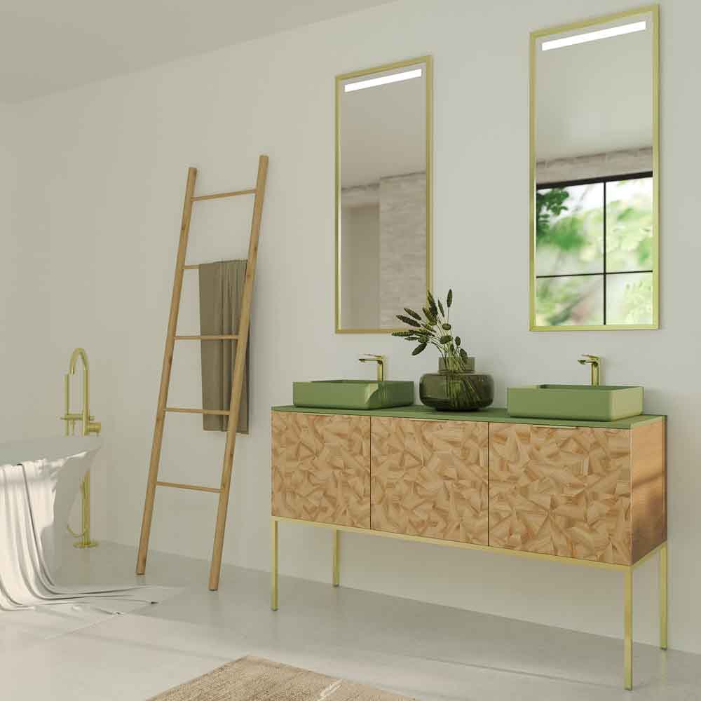 Mueble de baño OPERA con patas 3 puertas con encimera SOLID SURFACE 2 senos RAIZ OLMO