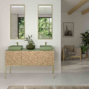 Mueble de baño OPERA con patas 3 puertas con encimera SOLID SURFACE 2 senos RAIZ OLMO